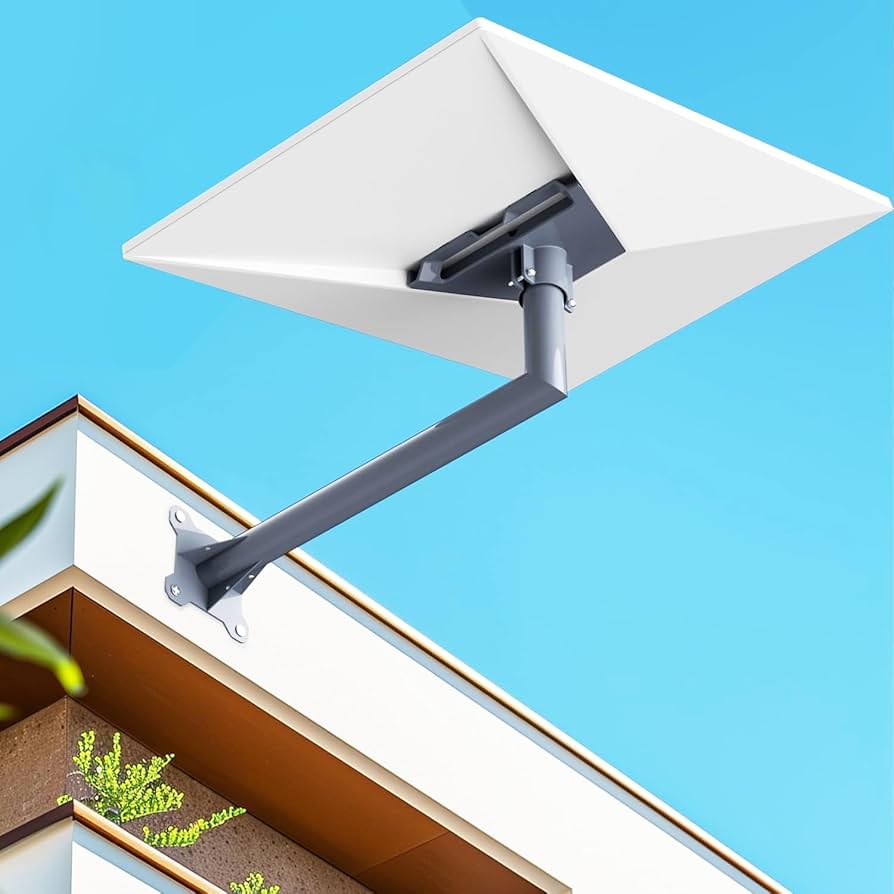 Starlink dish on a wall-mounted pole arm
